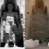 The taller Buddha of Bamiyan before (left picture) and after destruction (right).