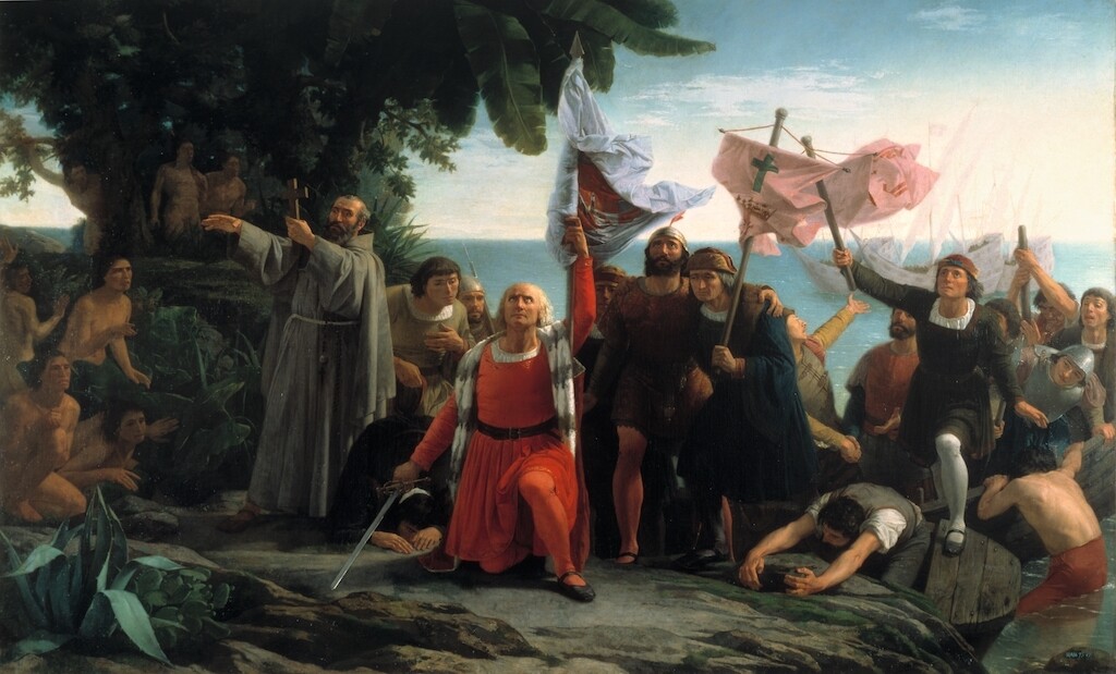 "Desembarco de Colón" painting by Dióscoro Puebla, 1862. Where did Columbus land?