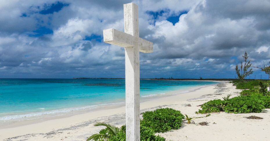 Christopher Columbus landing site monument on San Salvador island.