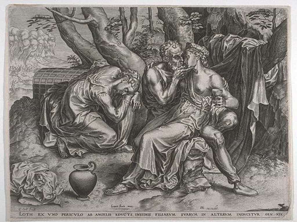 Lot and his daughters with Sodom burning in the background by Cornelis Cort.