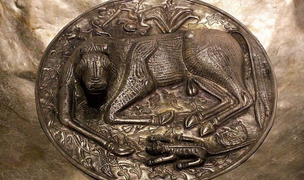 Bottom of Gundestrup cauldron showing bull hunt