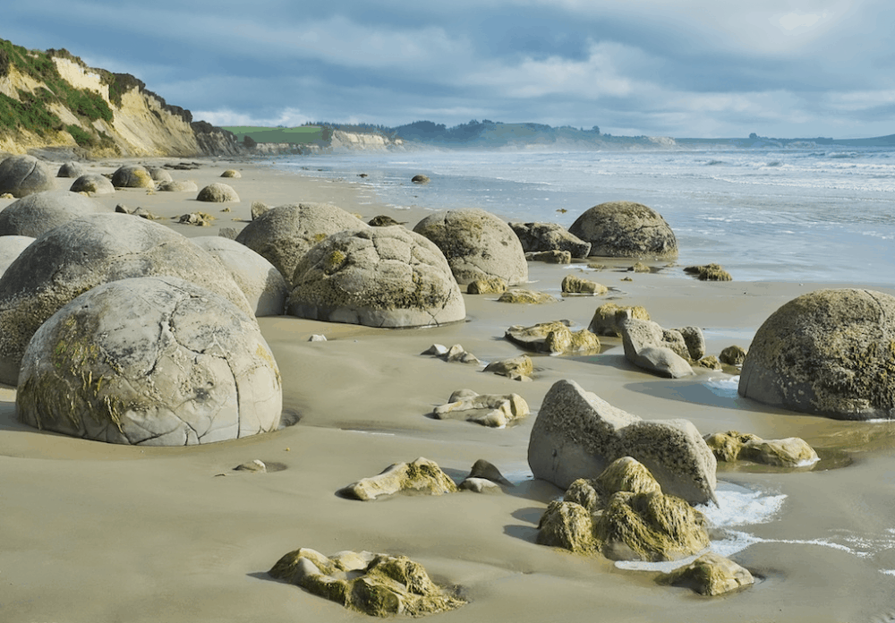 A 60 million year old giant ball shaped boulder on the beach at Moeraki  South Island New Zealand Stock Photo - Alamy
