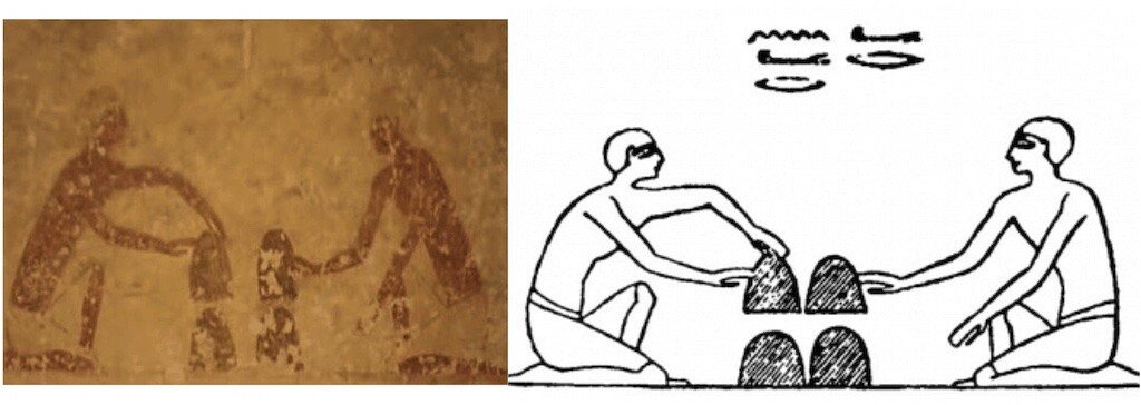 الرسم بمقبرة باقت الثالث، بني حسن، مصر.  هل يمكن أن يكون هذا هو أول تصوير لخدعة الكأس والكرات؟