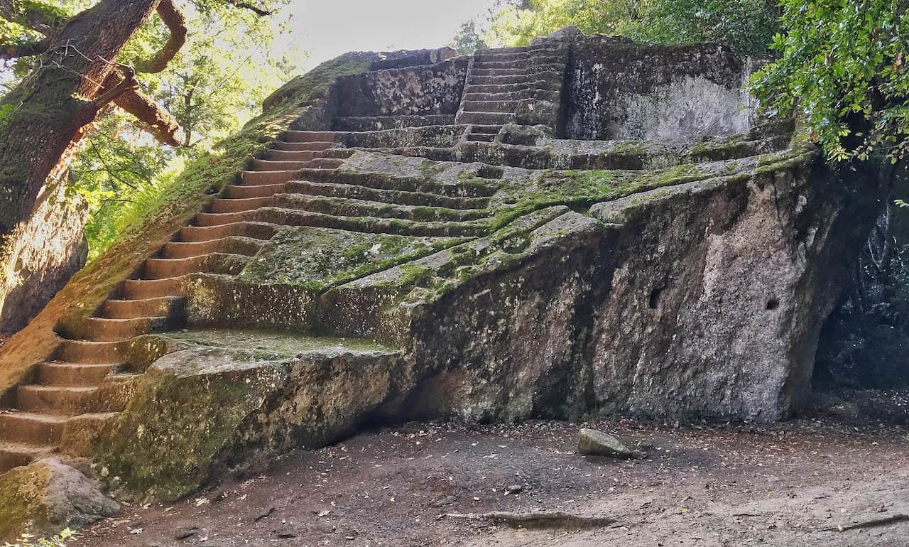 Mysterious Etruscan stairs in the forest of Bomarzo, Italy. 