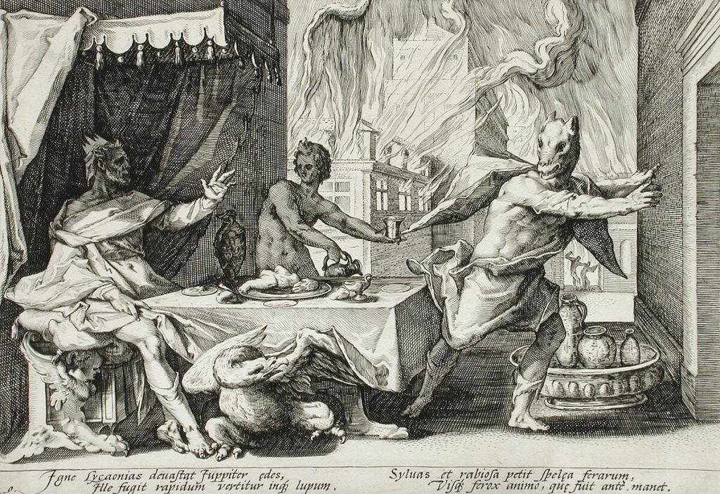 Lycaon transformat într-un lup. Pictat de Hendrick Goltius (1589).