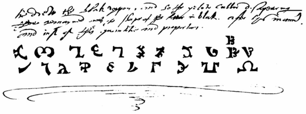 الحروف الإينوشيانية، كما صاغها جوه دي في مذكراته بتاريخ 6 مايو 1583 (جون دي)